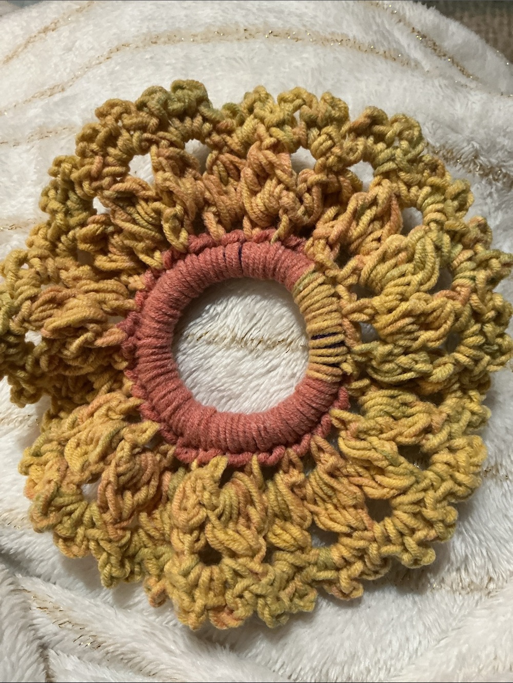 Scrunchie in Mustard and Rust variegated yarn